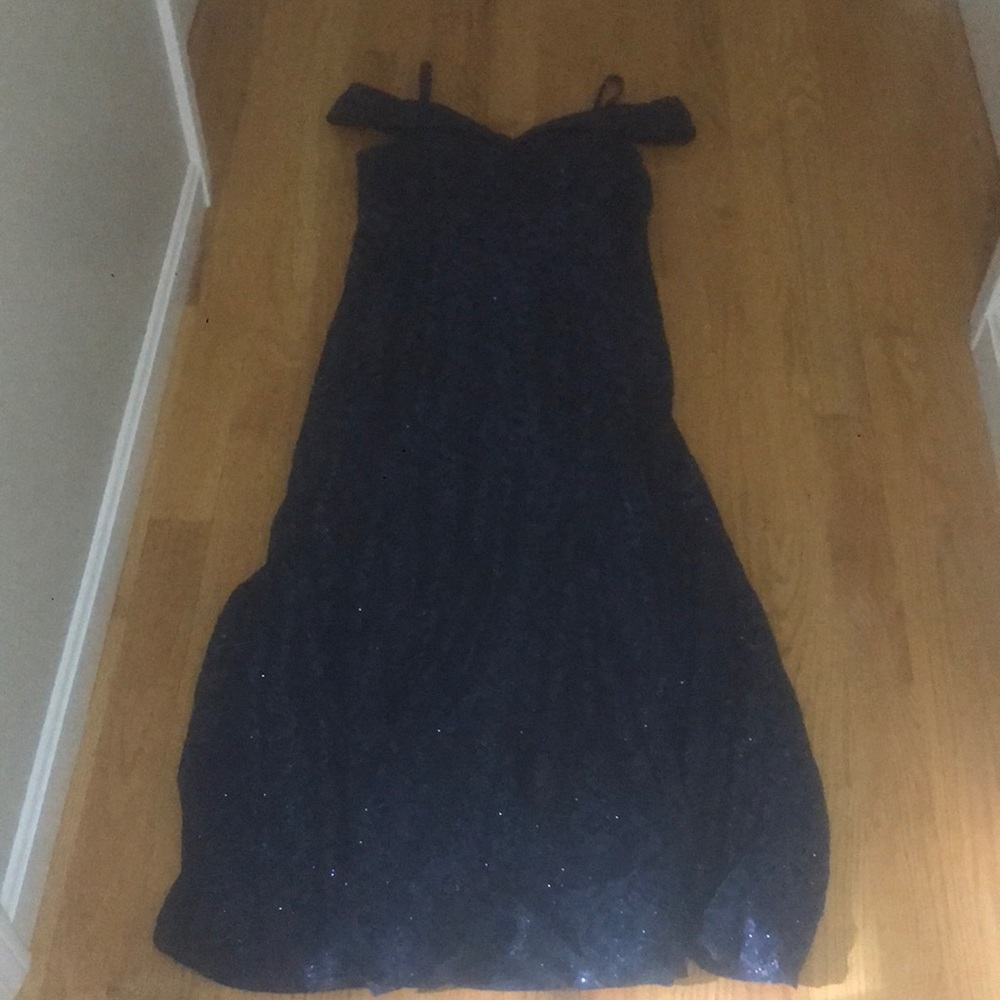 Beautiful, long, sparkly, off-shoulder dress.